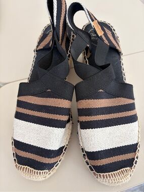 Tony Pons Striped Espadrille Slingback Flats in Black, Brown & White